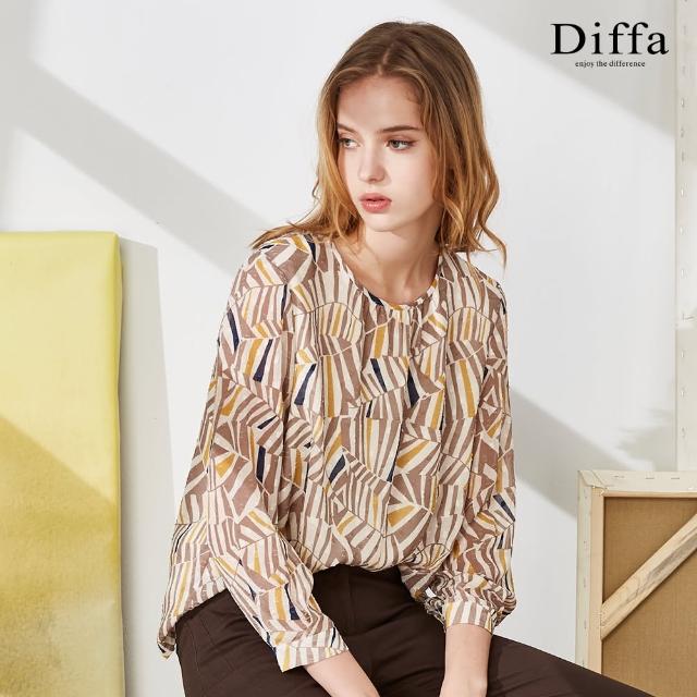 【Diffa】卡其幾何印花長袖上衣-女