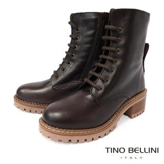 【TINO BELLINI 貝里尼】西班牙進口牛皮綁帶側拉鍊中筒FWNT030(咖啡)