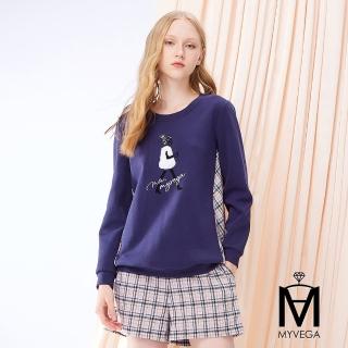 【MYVEGA 麥雪爾】MA毛背心女孩格紋拼接套裝上衣-深藍(上下身分開販售)