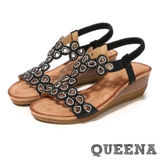 【QUEENA】璀璨美鑽花朵意象平口露趾華麗坡跟涼鞋(黑)