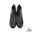 【A.S.O 阿瘦集團】時尚流行 牛皮拼接羊絨飾釦真皮短靴(黑)