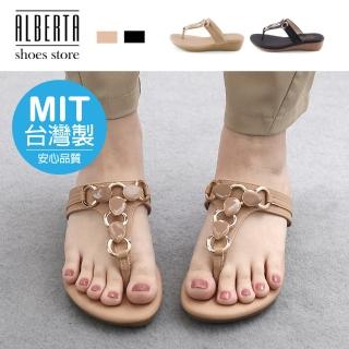 【Alberta】4cmT字拖鞋 皮革金屬飾品 圓頭楔型厚底夾腳拖鞋 MIT臺灣製
