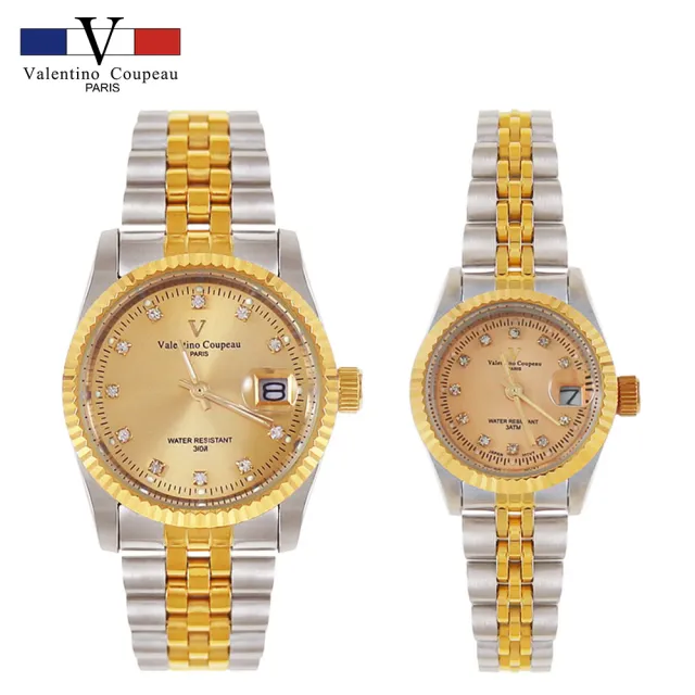 【Valentino Coupeau】典雅晶鑽金銀雙色不鏽鋼殼帶男女款手錶-e(范倫鐵諾 古柏  VCC)