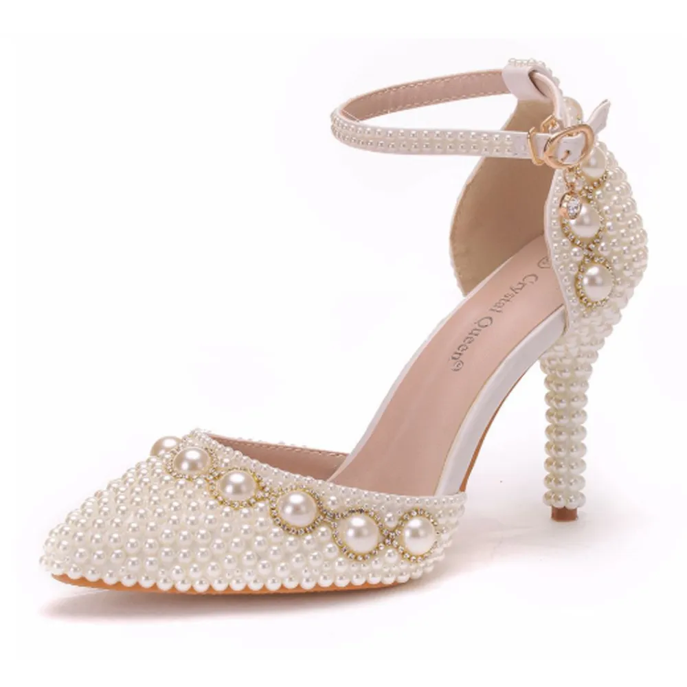 【Sp house】甜蜜婚禮華麗珍珠一字扣尖頭細高跟鞋(2色各2款可選)