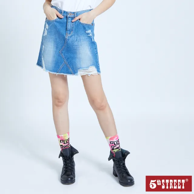 【5th STREET】女裝 短裙 牛仔短裙 高腰 A字裙 淺藍(980024)