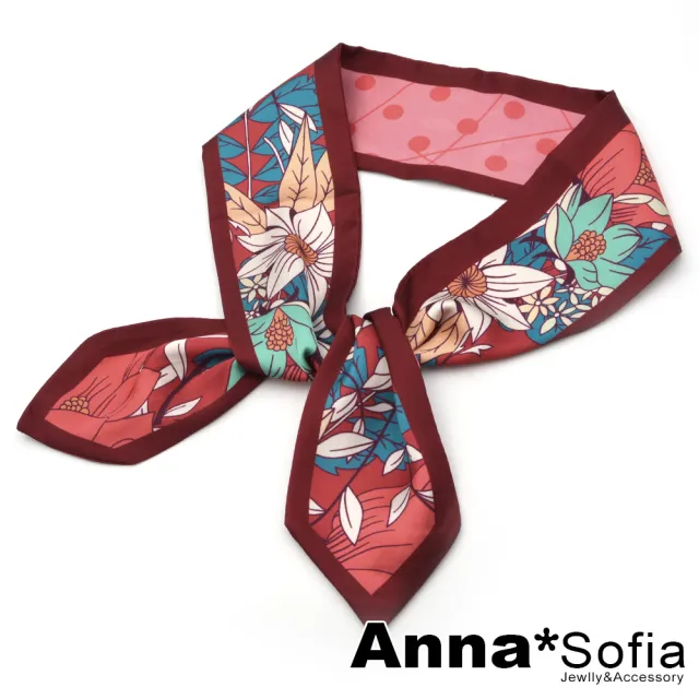 【AnnaSofia】仿絲領巾絲巾圍巾-花藤雙面圖 窄版緞面 現貨(桔梗酒紅系)