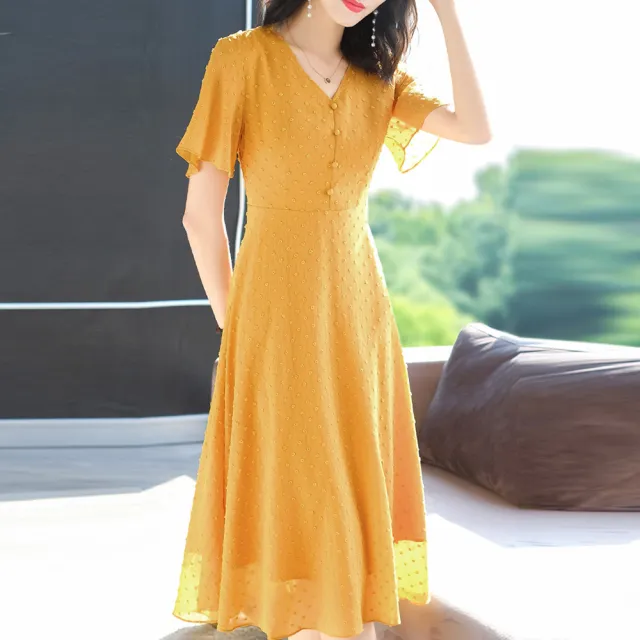 【ALICAI 艾麗彩】鵝黃立體波點素面寬鬆長洋裝(中大尺碼/L-4XL)