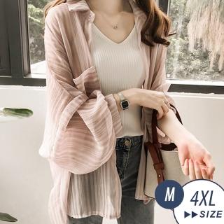 【LANNI 藍尼】★韓版輕薄透膚防曬條紋燈籠袖襯衫(限時下殺//M-4XL)