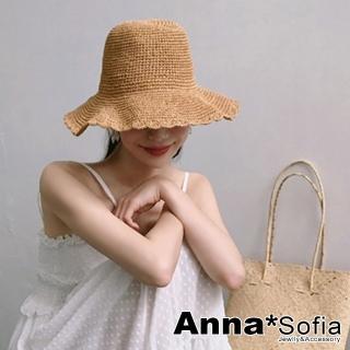 【AnnaSofia】雙11 遮陽帽防曬帽淑女帽網美渡假草帽海灘帽漁夫帽-素面滾花邊 現貨(駝系)