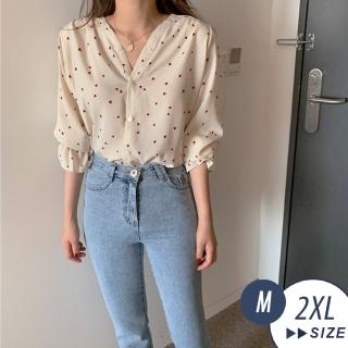 【LANNI 藍尼】現貨 氣質甜美心型波點雪紡V領襯衫※(M-2XL/售完不補)