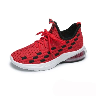 【SPRING】時尚撞色立體格子拼接彈力飛織超大氣墊休閒運動鞋(紅)