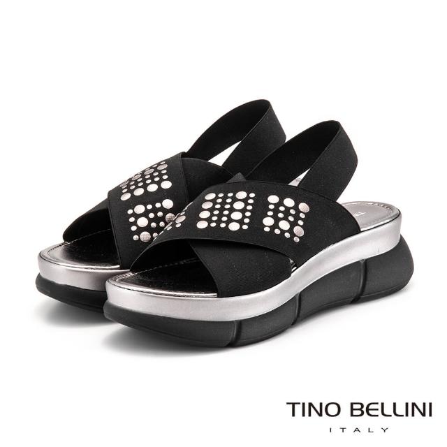 【TINO BELLINI 貝里尼】義大利進口銀釦彈力帶厚底涼鞋TF9069(黑灰)