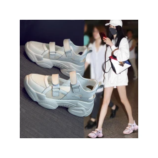 【Taroko】運動少女透氣網面真皮拼貼鏤空涼鞋休閒鞋(2色可選)