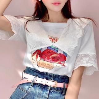 【BBHONEY】甜美蕾絲娃娃領寬鬆顯瘦造型棉T上衣(網美必備款)