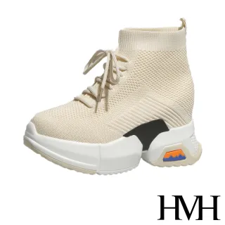 【HMH】舒適彈力飛織綁帶造型厚底內增高時尚休閒鞋(米)