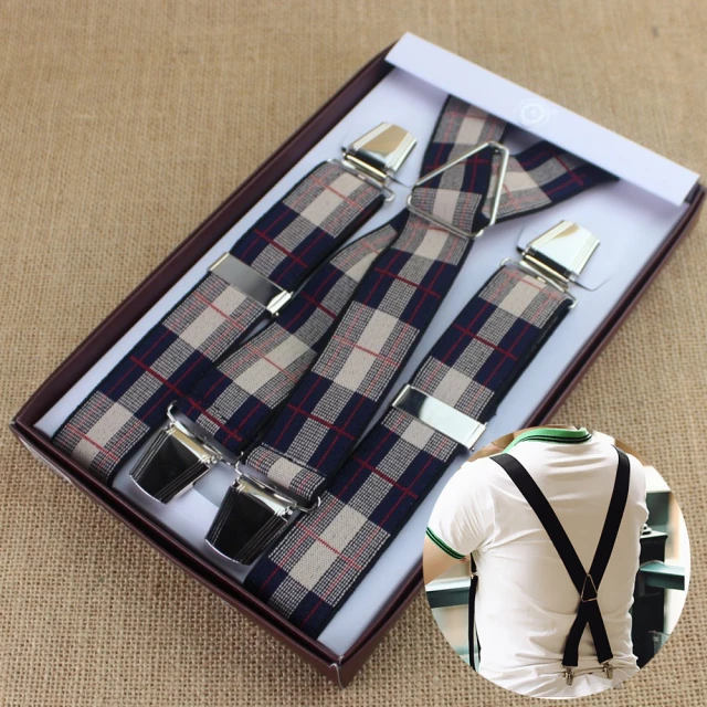 【拉福】吊帶X夾3.5CM紳士吊帶附紙盒(米方格)
