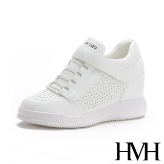 【HMH】復古經典綁帶魔鬼粘縷空沖孔時尚內增高厚底休閒鞋(白)