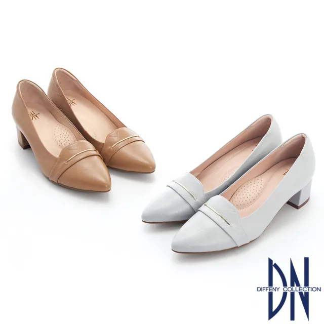 【DN】跟鞋_MIT素面壓紋金屬線條裝飾真皮粗跟鞋(咖)