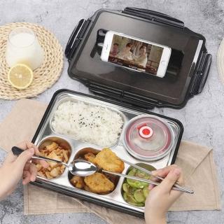 【Mega】加大款 北歐304不鏽鋼分格便當盒 附餐具+湯碗+便當袋(餐盒 保溫飯盒 餐盤 便當袋)
