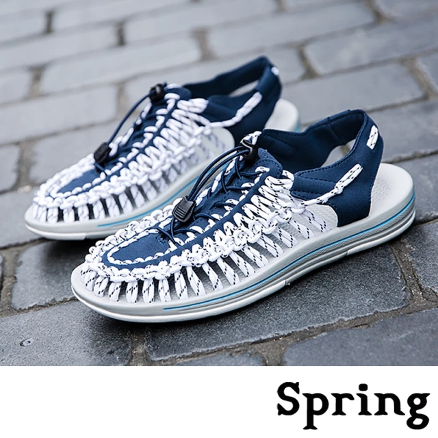 【SPRING】時尚縷空復古彈力繩編織造型休閒涼鞋(藍)