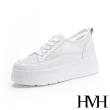 【HMH】真皮舒適超輕量厚底時尚網面拼接內增高美腿小白鞋(白)