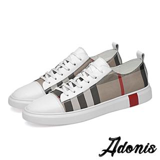 【Adonis】真皮時尚格紋印花拼接經典百搭板鞋-男鞋(白)