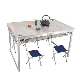 【LIFECODE】橡木紋鋁合金折疊桌/野餐桌120x80cm-送桌下網+4張帆布椅(三段高度)