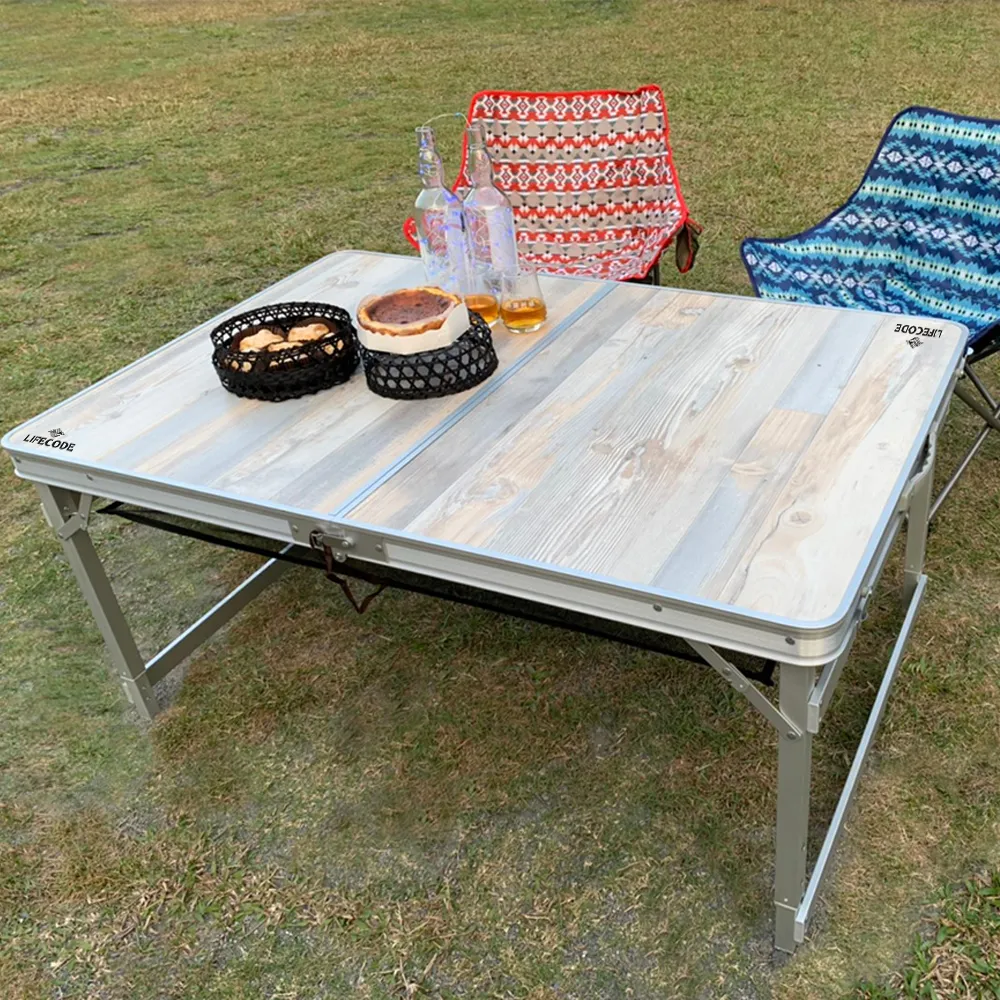 【LIFECODE】橡木紋鋁合金折疊桌/野餐桌120x80cm-送桌下網(三段高度)