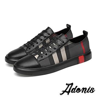 【Adonis】真皮時尚格紋印花拼接經典百搭板鞋-男鞋(黑)