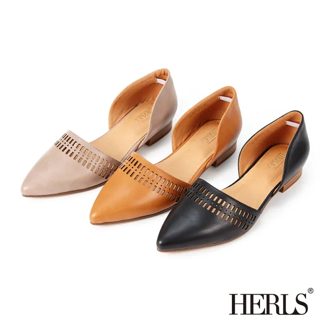 【HERLS】低跟鞋-幾何沖孔側V鏤空尖頭低跟鞋(黑色)