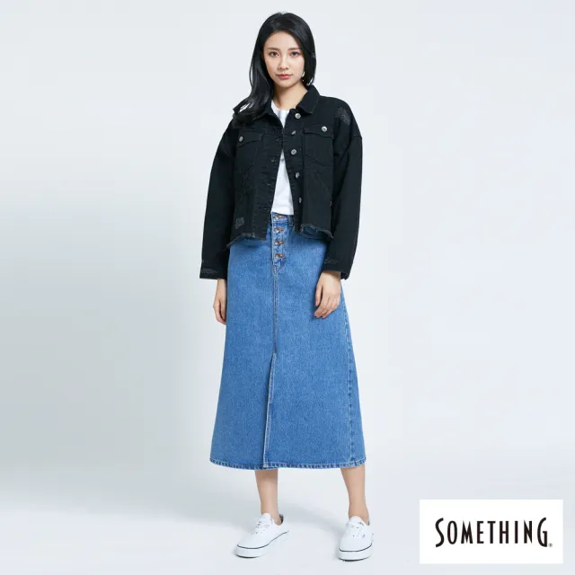 【SOMETHING】女裝 短版下襬不收邊牛仔外套(黑色)