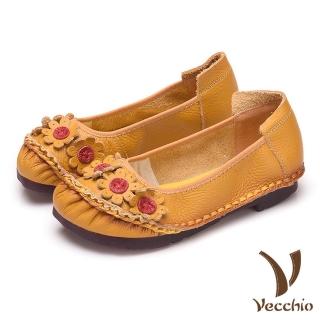 【Vecchio】真皮頭層牛皮手工縫線花朵裝飾低跟舒適單鞋(黃)