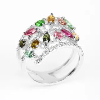 【寶石方塊】天然12色天然碧璽戒指-絢麗多彩-925銀飾