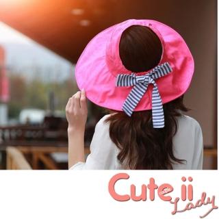 【Cute ii Lady】甜美水波圖紋空頂大帽簷可捲折外出防曬帽 遮陽帽(玫紅)