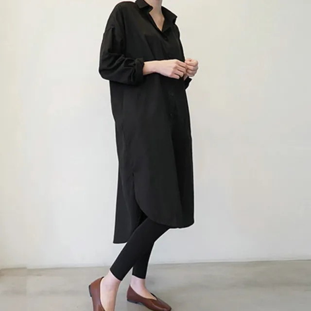 【ACheter】韓版OL寬鬆直筒顯瘦冰棉長袖寬鬆中長版襯衫#106530(白/黑)