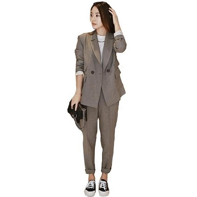 【米蘭精品】現貨+預購 西裝外套 西裝褲 兩件套(時尚休閒純色百搭女套裝2色73xs2)
