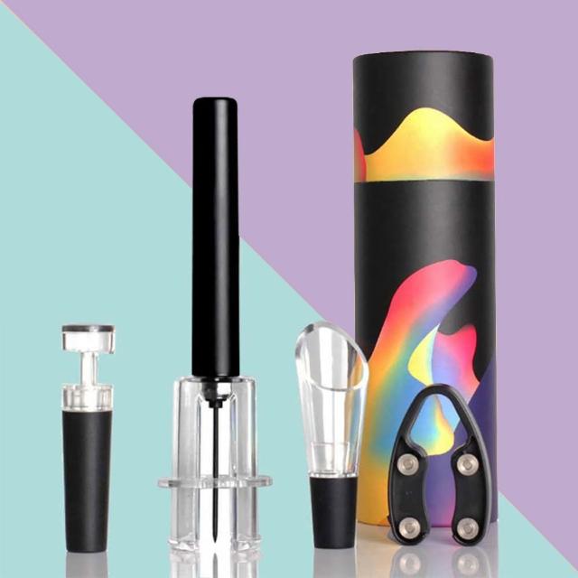 【樂邁家居】家用 氣壓 紅酒 開瓶器 四件套組(氣壓開瓶器+酒塞＋倒酒器＋割紙器)