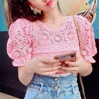 【BBHONEY】韓版甜美蕾絲花邊公主袖針織衫造型上衣(網美必備款)