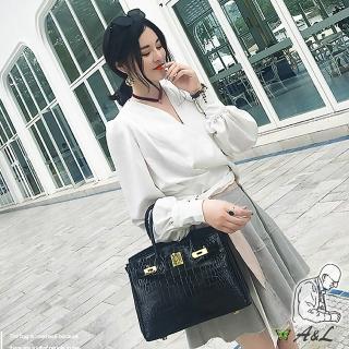 【A&L 老工匠】真皮TOGO頭層牛皮鱷魚紋名緩柏金包/斜揹包30cm(真皮包包 曜石黑)