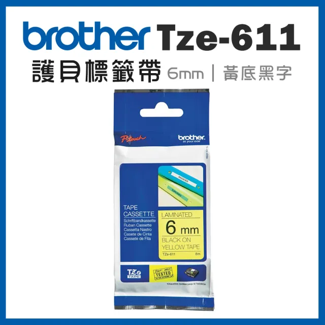 【brother】TZe-611 護貝標籤帶(6mm 黃底黑字)