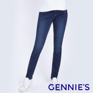 【gennies 奇妮】彈力刷色牛仔褲-深藍(孕婦褲 窄管 後雙口袋 一體成型 無痕褲頭)