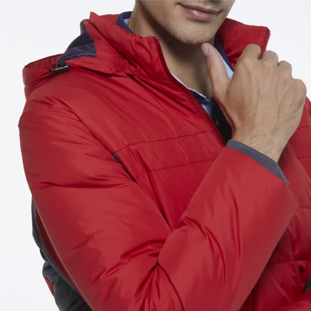 【Lynx Golf】男款防潑水防風保暖科技羽絨Lynx印花連帽可拆式長袖外套(紅色)