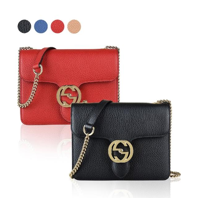 【GUCCI 古馳】GUCCI雙G金屬大LOGO牛皮鏈帶雙夾層扣式斜背包(迷你/多色)