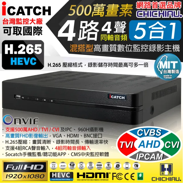 【CHICHIAU】H.265 4路4聲 500萬 AHD TVI CVI 1080P台製iCATCH數位高清遠端監控錄影主機