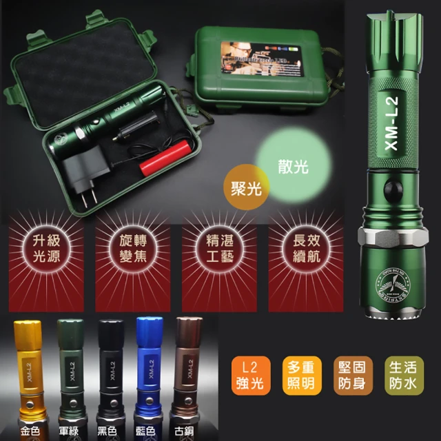 EZlife L2穿山甲強光防身手電筒套組(附18650充電電池x1、充電器x1、4號電池座x1、失手繩x1、防震盒x1)