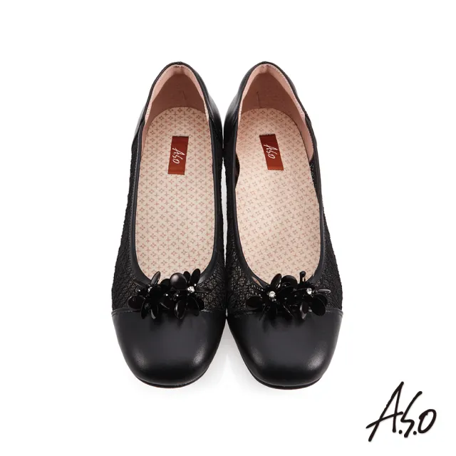 【A.S.O 阿瘦集團】彈麗舒活透膚飾花低跟鞋(黑)