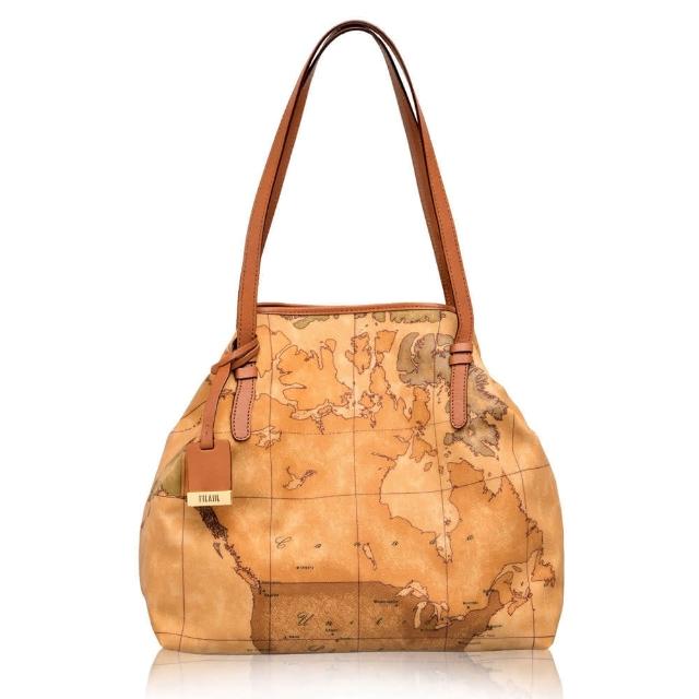 【Alviero Martini】義大利地圖包 扣式長把手提肩背托特包-中(地圖黃 七夕禮物 情人節)