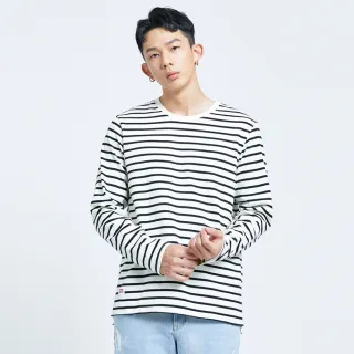 【EDWIN】男裝 基本條紋 薄長袖T恤(米白色)