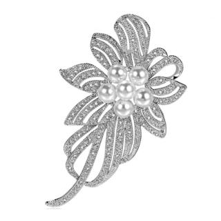 【Jpqueen】奢華亮眼花卉珍珠閃耀鋯石2用胸針(白金色)