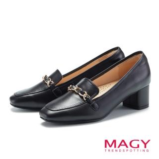 【MAGY】真皮小方頭皮繩串鍊樂福中跟鞋(黑色)
